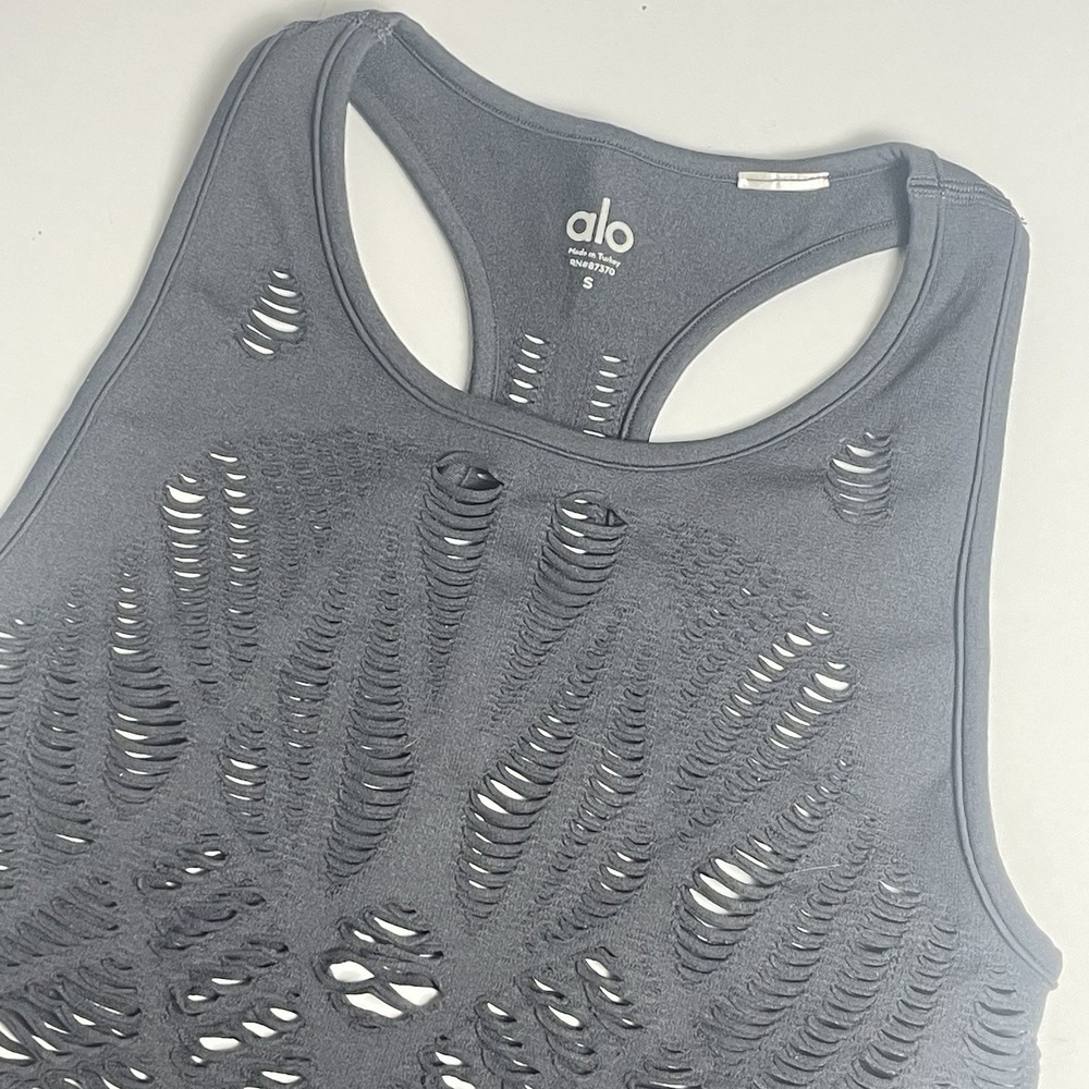 Alo Yoga Vixen Womens Small Graphite Racerback Crop Tank Shredded Cutout Stretch